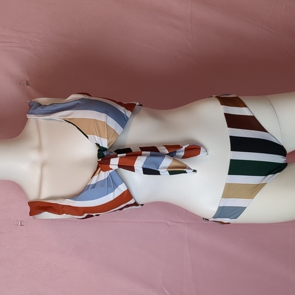 Zaful White Brown Blue Striped Tie Front Bikini Top and Matching Bottoms Large - Picture 1 of 5